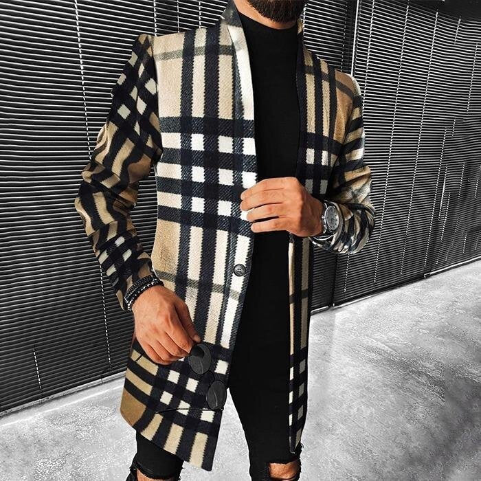 Fashion Casual Men's Herringbone Stand-up Collar Mid-length Woolen Trench Coat